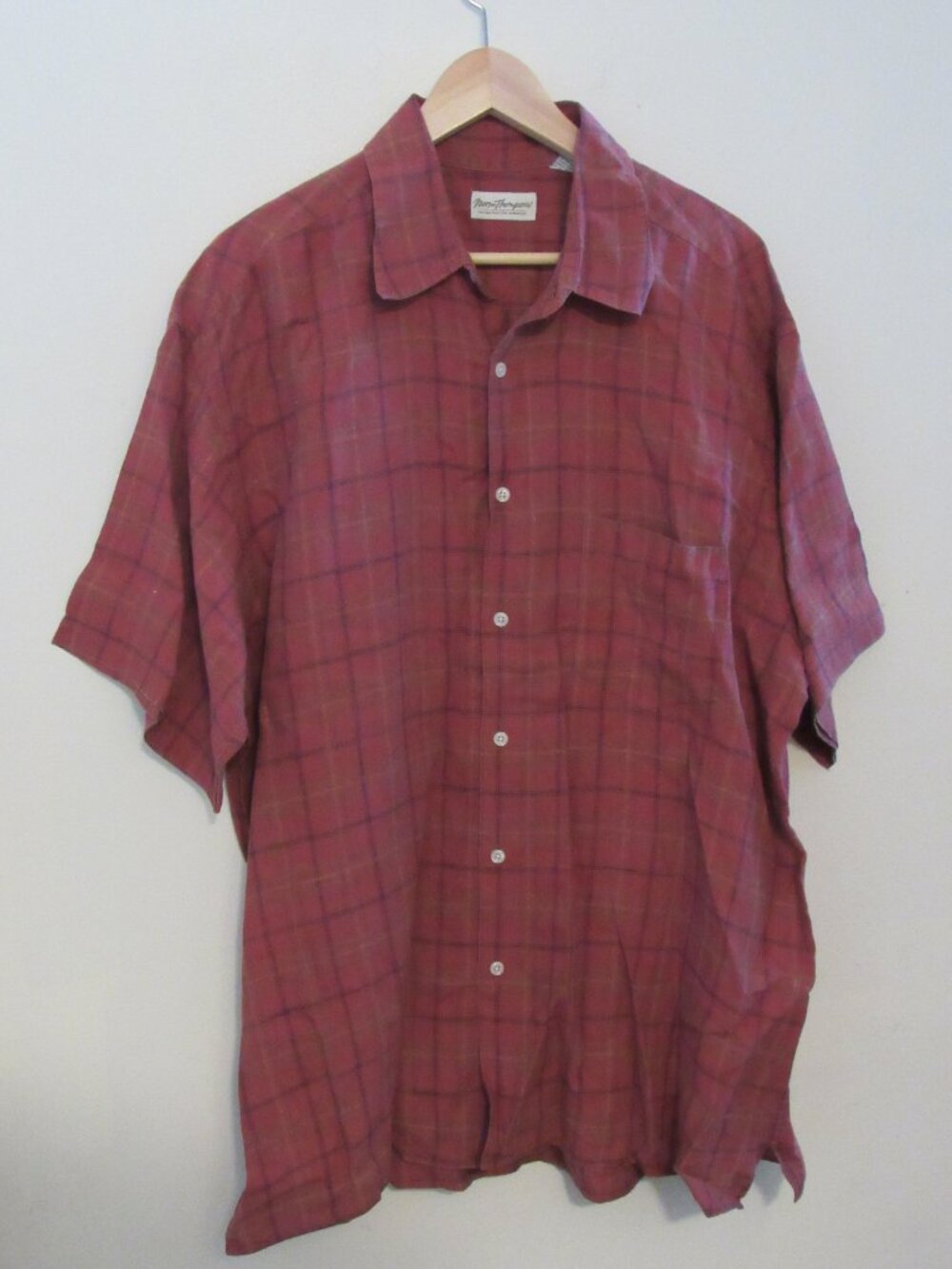 Norm Thompson 100% Linen Plaid Button Up Shirt XL Red Short Sleeve Pocket